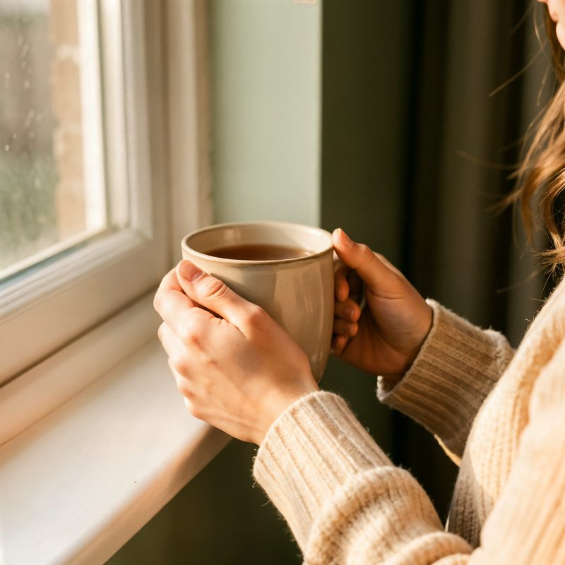 Hands wrapped around a warm cup of tea