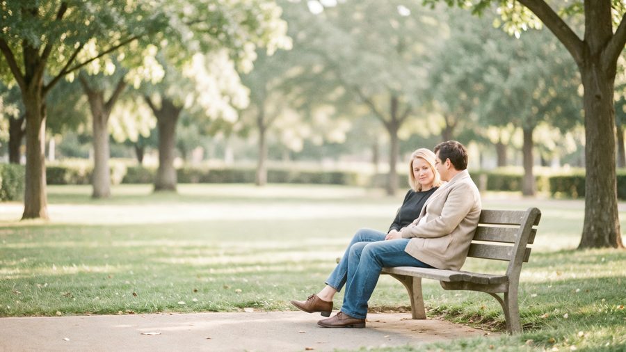 Two people sitting together outdoors, one listening to the other